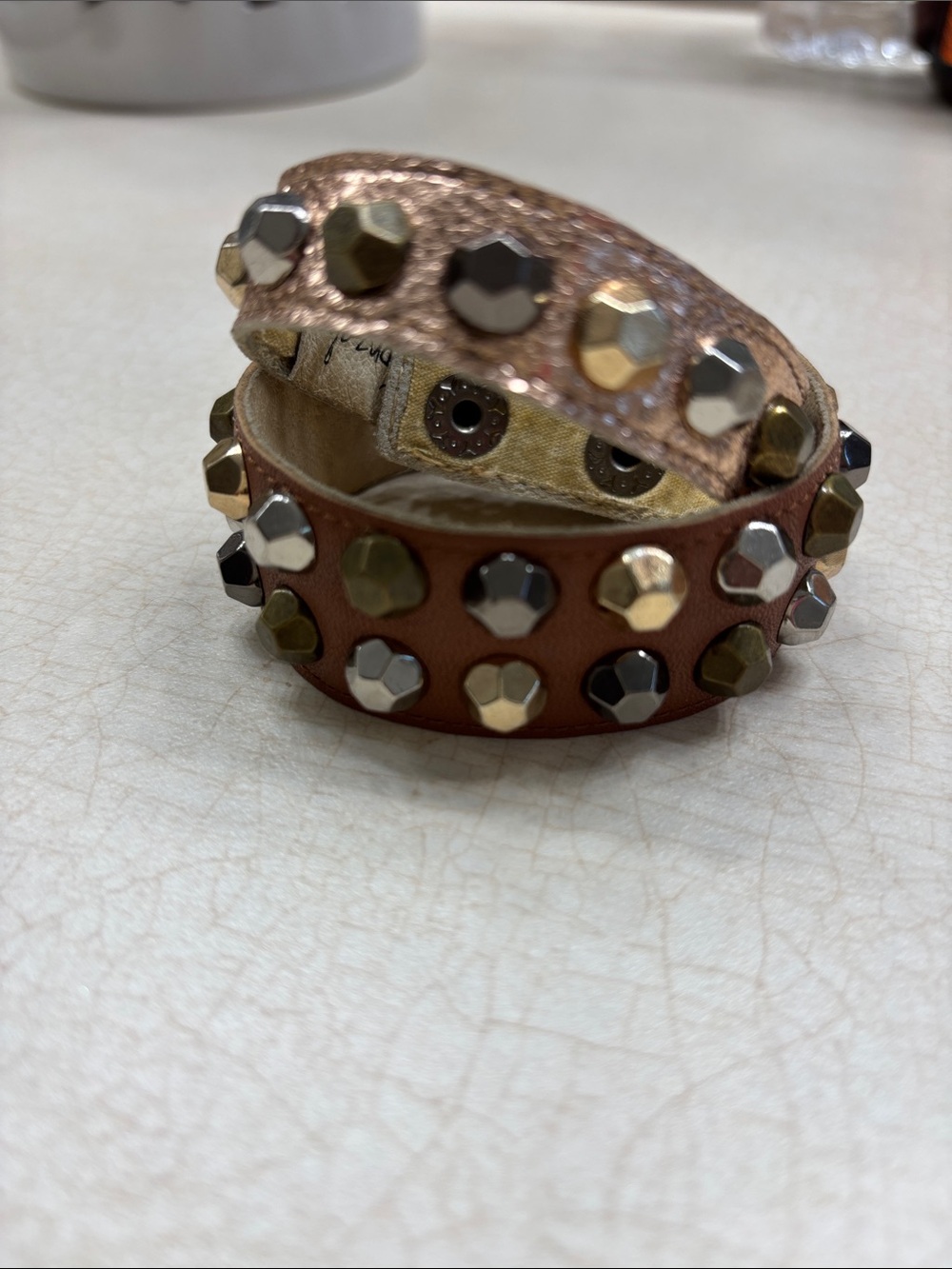 2 Studded Leather Wrap Bracelets in Brown and Rose Gold